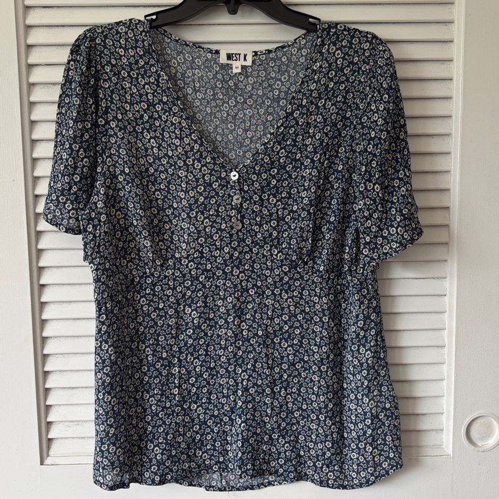 Navy Blue Floral V-Neck Women’s Top